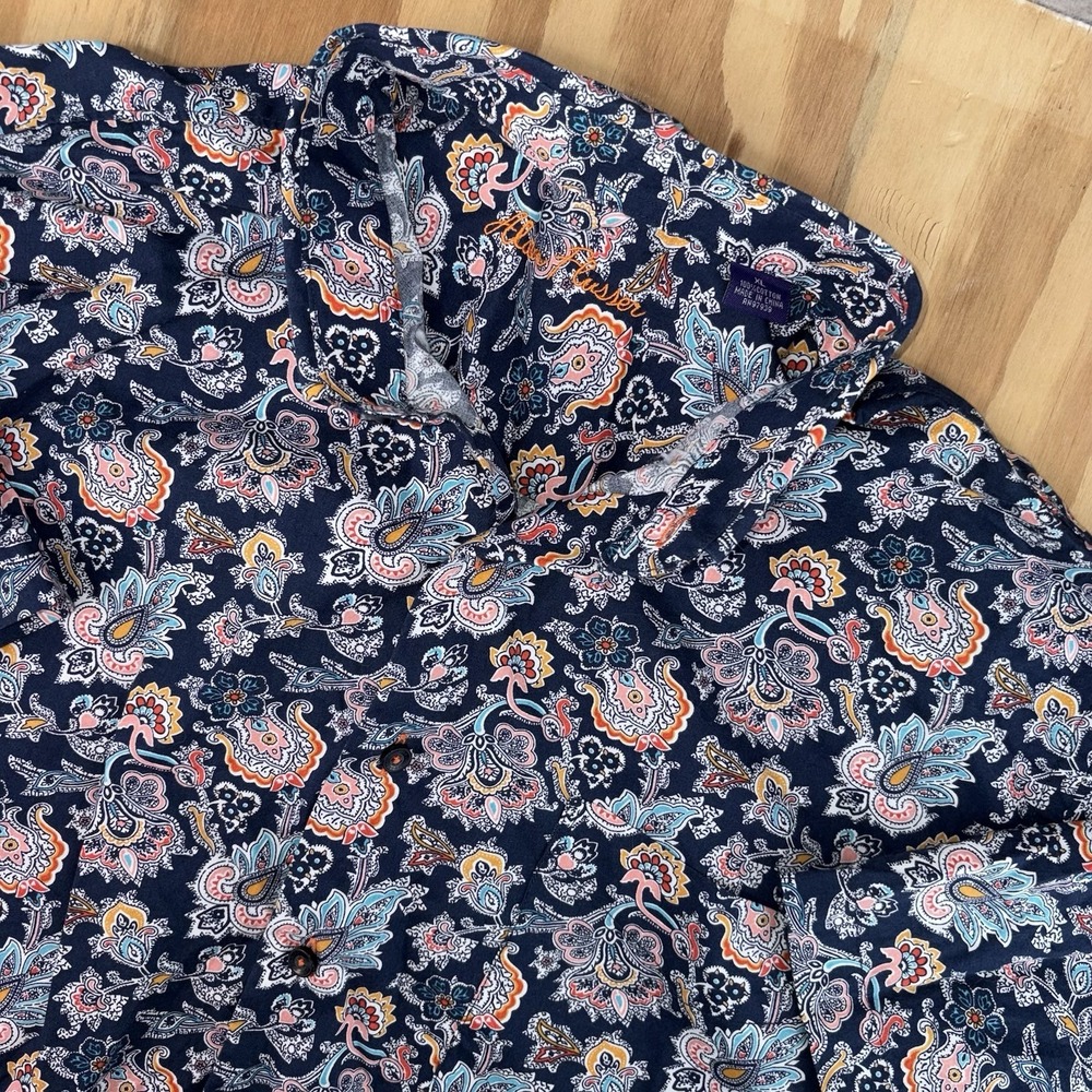 Alan Flusser Paisley Print Mens XL Navy Blue Cotton Short Sleeve Button Up